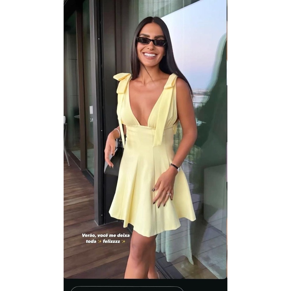 Zara Yellow Bow Mini Dress XS Sleeveless V Neck Fit & Flare Summer Party NWT
